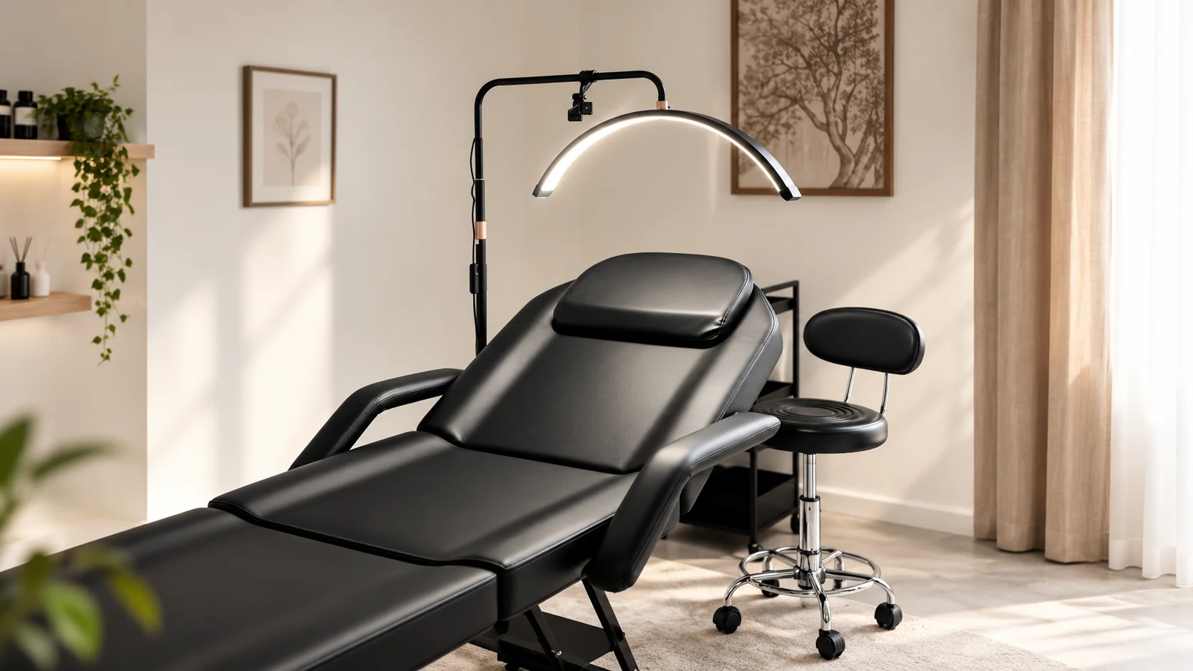 Cabine de browlift du studio Ayl Brow à Toulouse, fauteuil et lampe demi-lune